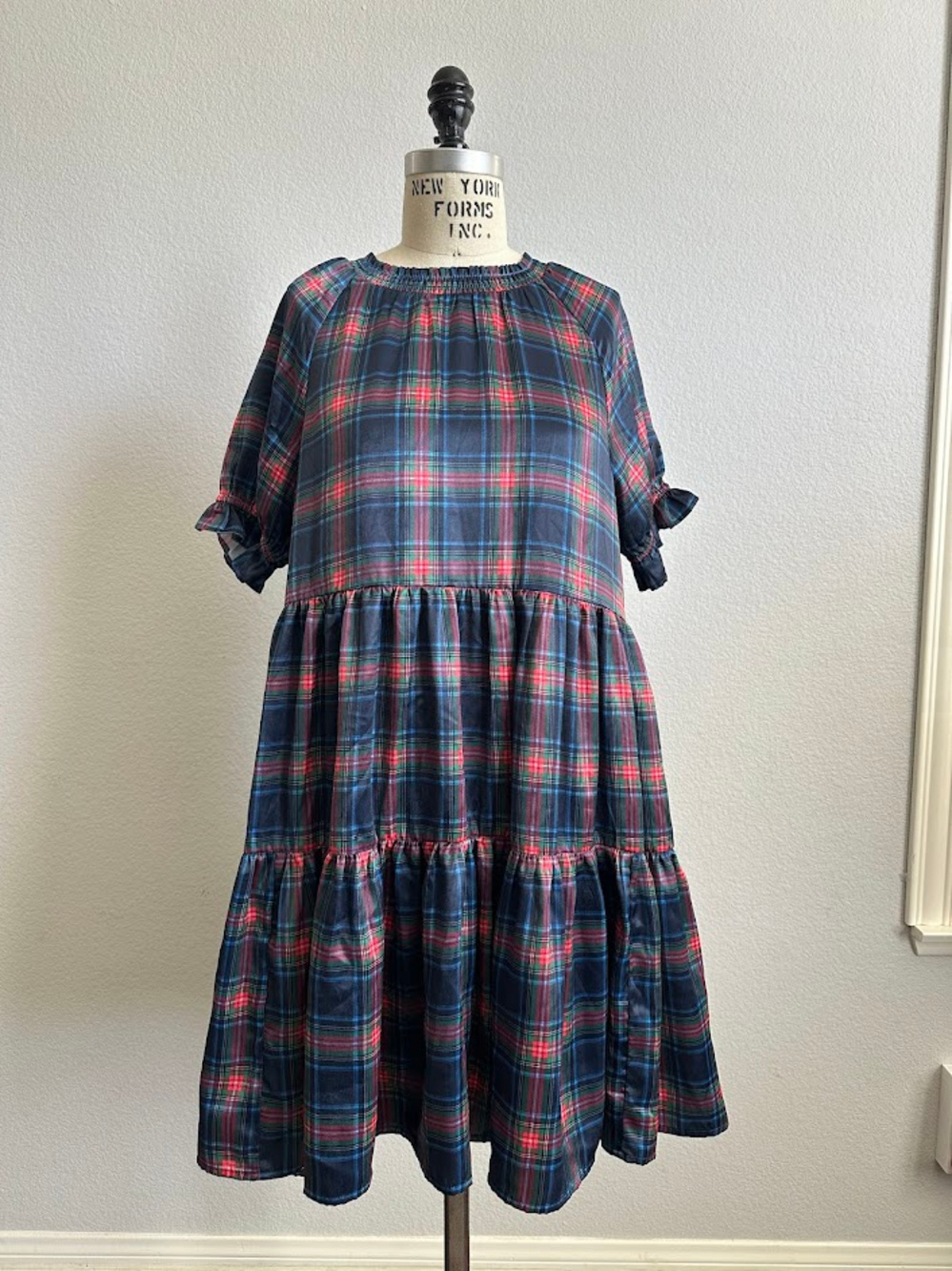 Fee Assembly Plaid Tiered Dress Short Sleeve Size Xxl 18 Blue Red